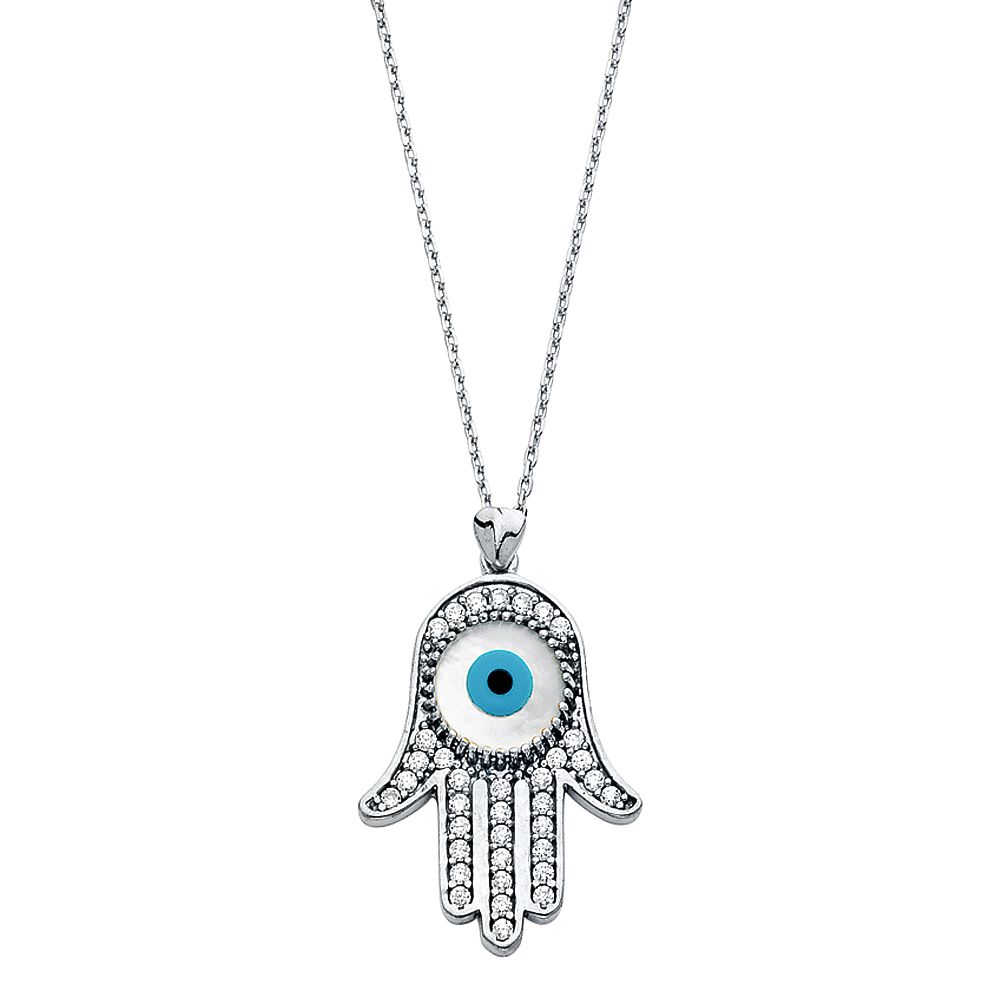 14KW CZ Evil Eye Hamsa Necklace