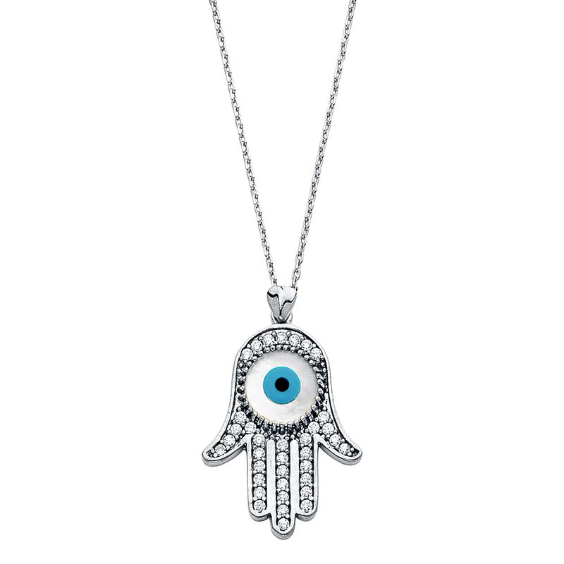 14KW CZ Evil Eye Hamsa Necklace