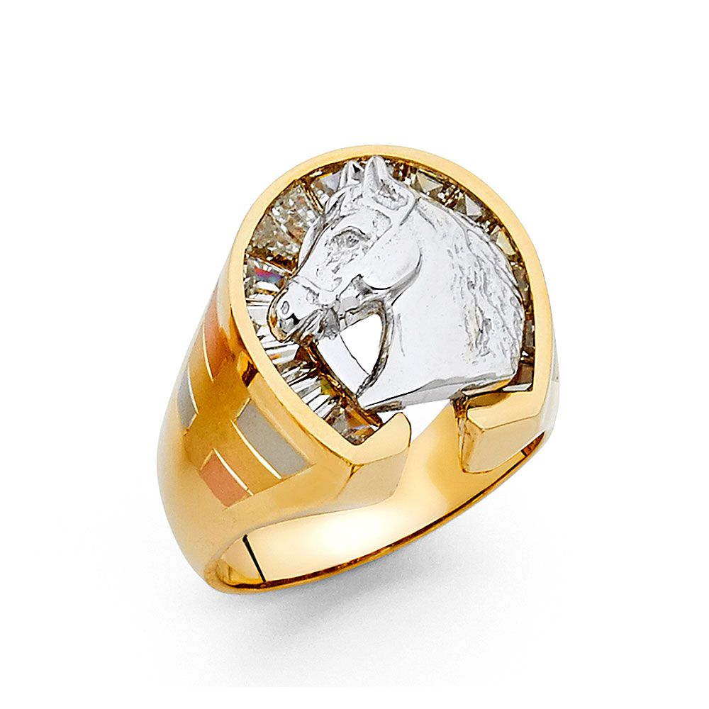 14K 2T CZ Lucky Horse Shoe Men&#39;s Ring