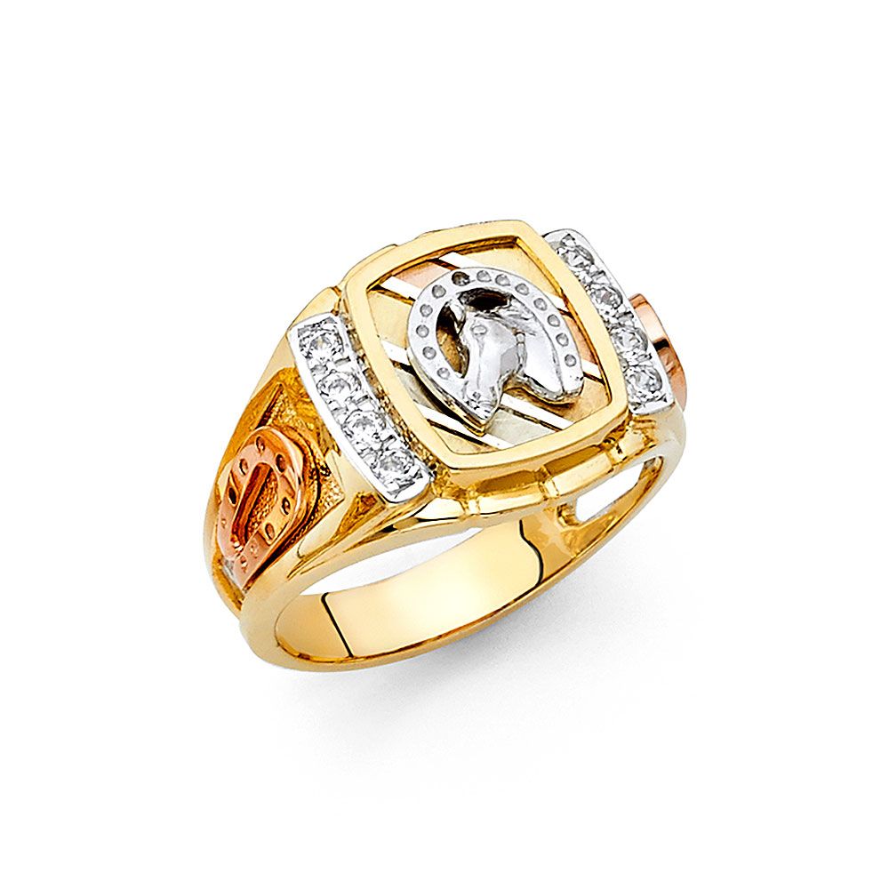 14K 3C CZ Lucky Horse Shoe Men&#39;s Ring