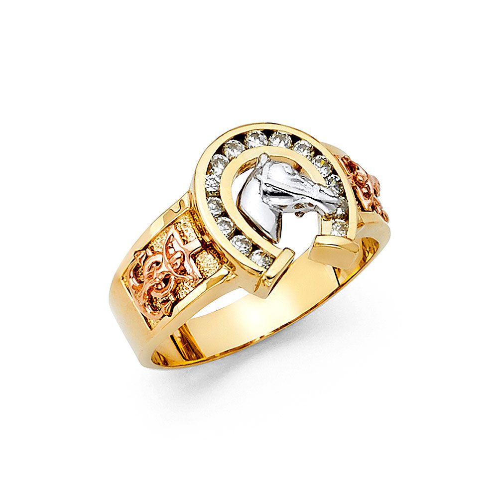 14K 3C CZ Lucky Horse Shoe Men&#39;s Ring