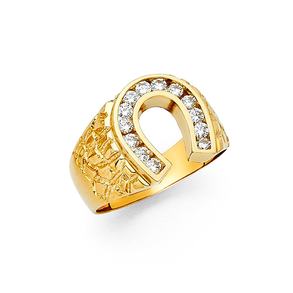 14KY CZ Lucky Horse Shoe Men&#39;s Ring