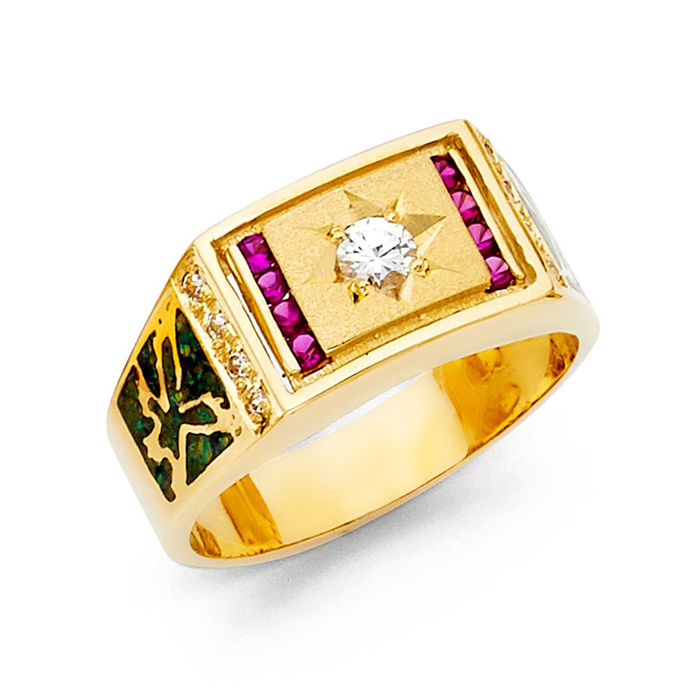 14KY CZ Men&#39;s Ring with Ruby
