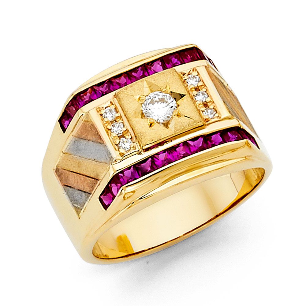 14KY CZ Men&#39;s Ring with Ruby