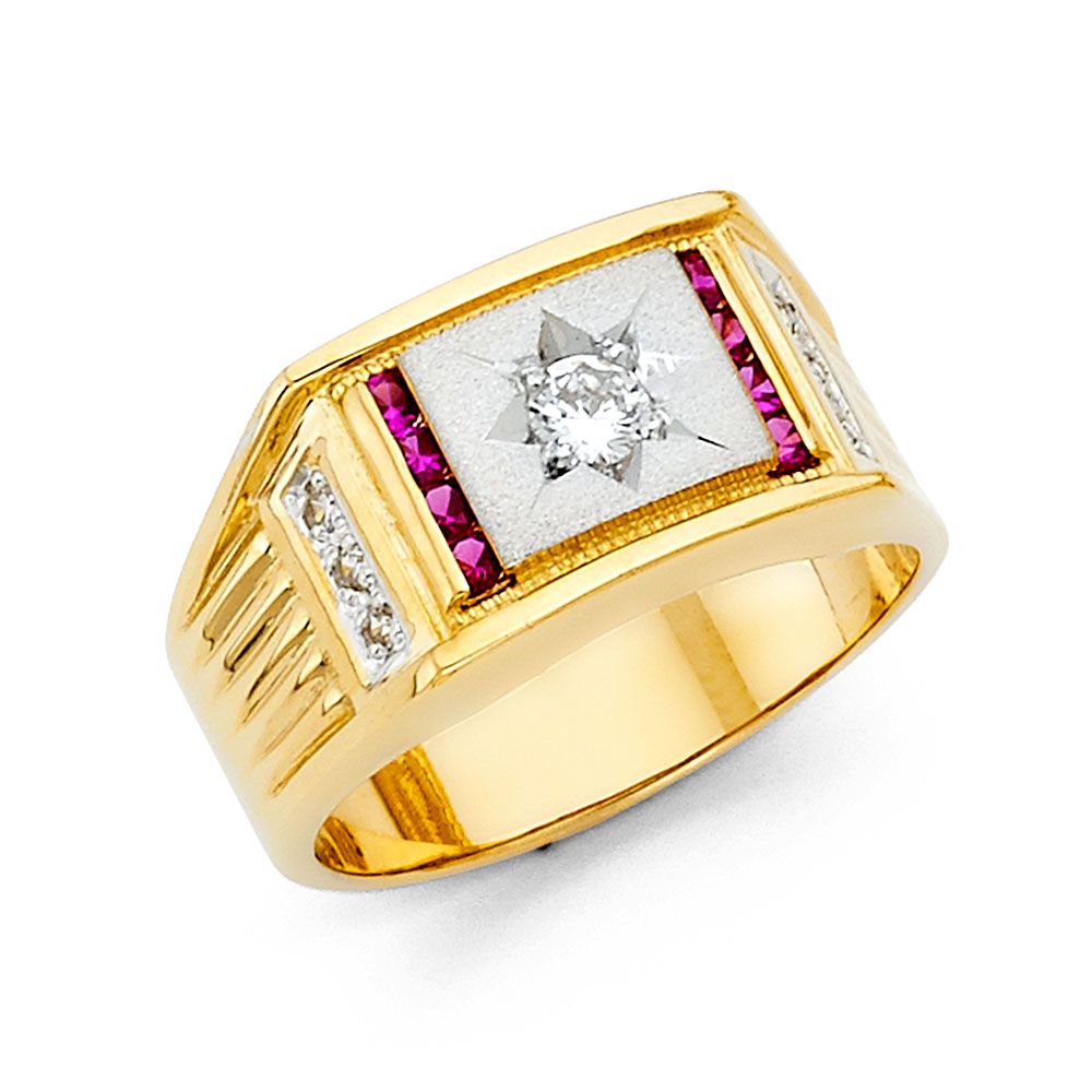 14KY CZ Men&#39;s Ring with Ruby