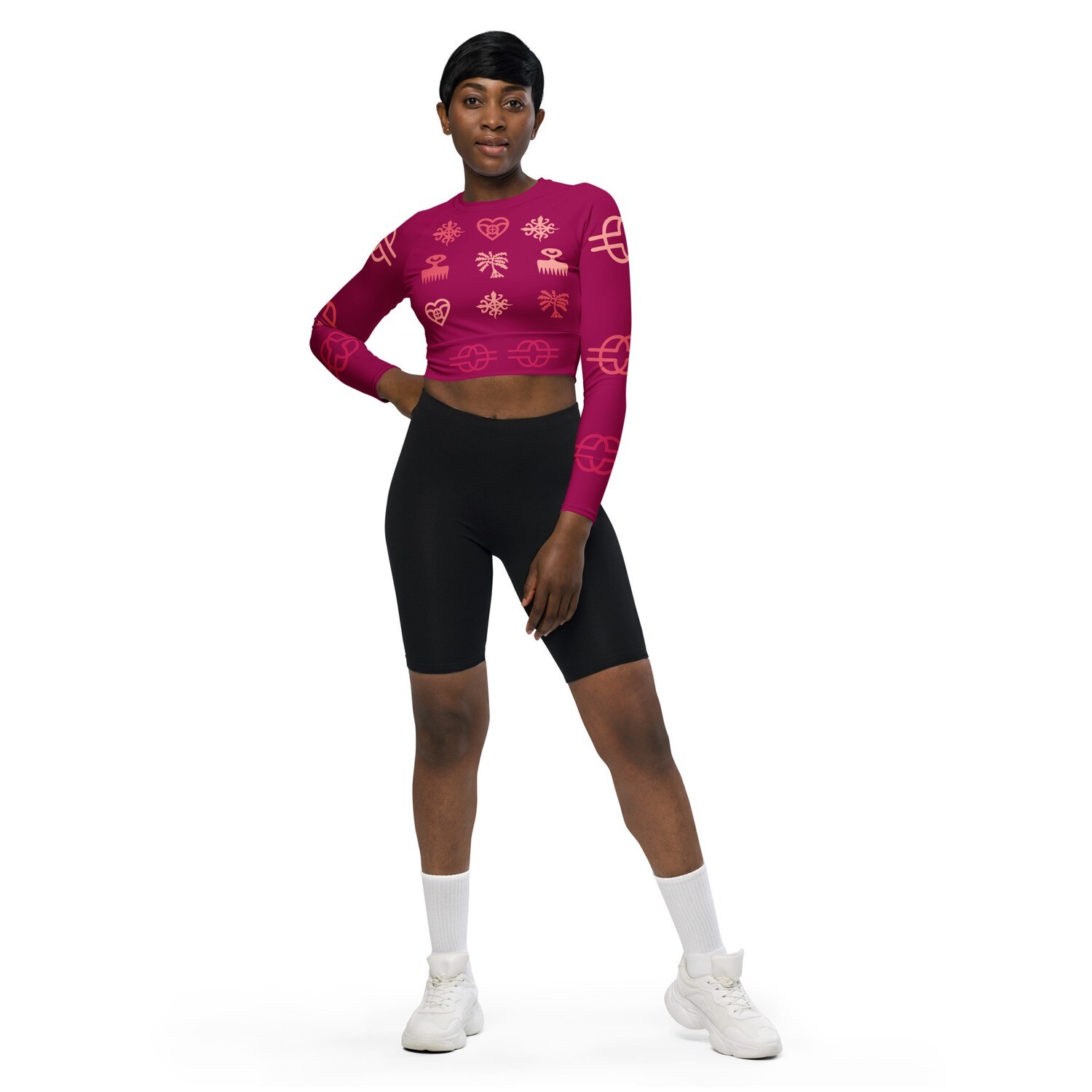 Recycled Adinkra Symbols Long-sleeve Crop Top
