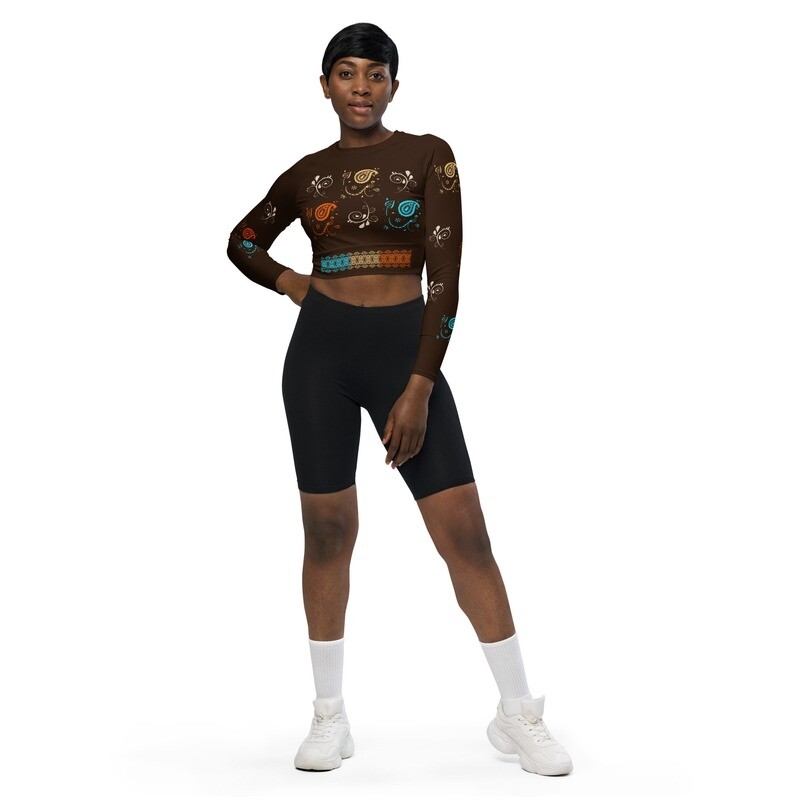 Recycled Brown Paisley Long-sleeve Crop Top