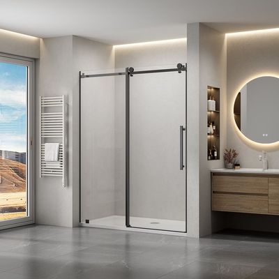 60&quot; W x 76&quot; H Frameless Sliding Shower Door, 8mm Tempered Glass, Black Stainless Steel Hardware