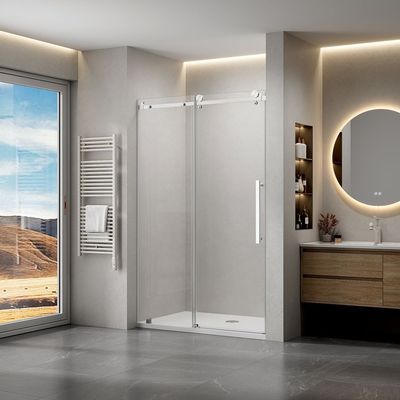 48&quot; x 76&quot; Frameless Sliding Shower Door, 8mm Tempered Glass, Brushed Stainless Steel Hardware