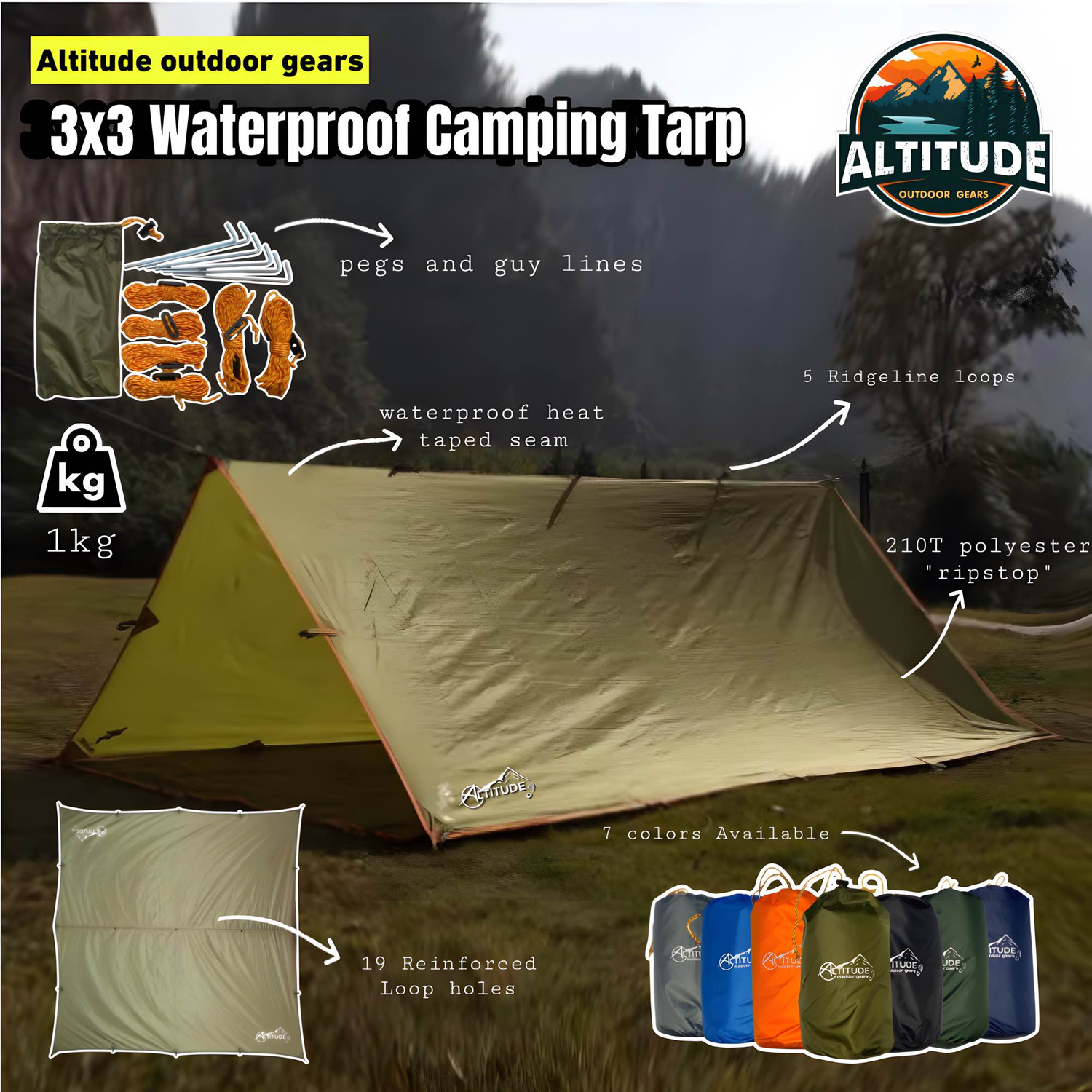 Altitude Waterproof 3x3 Camping Tarp