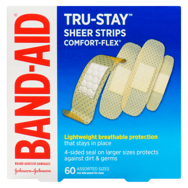 Band-Aid Tru-Stay Brand Adhesive Bandages Sheer Strips Comfort-Flex, 60 Assorted Sizes