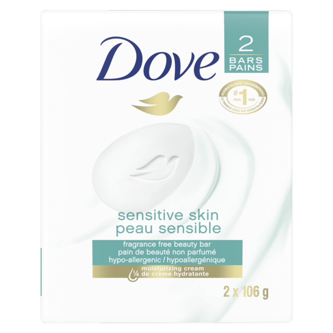Dove Sensitive Skin Fragrance Free Beauty Bar, 2 x 106 g