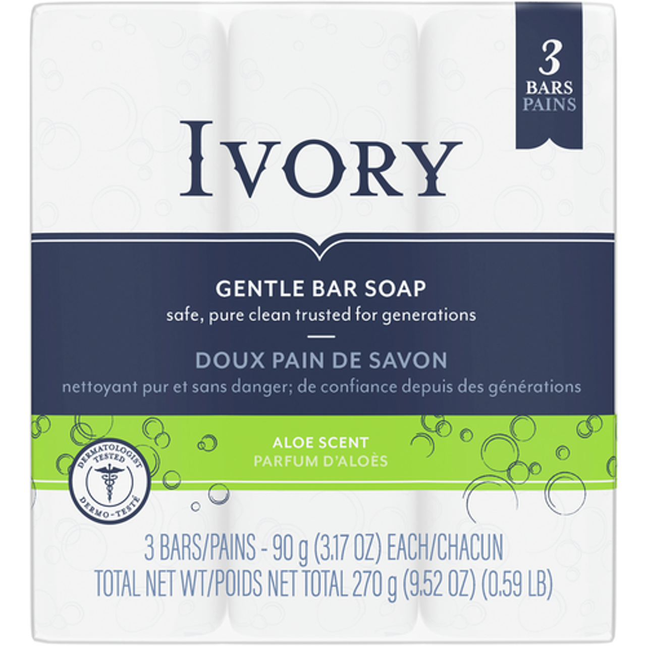 Ivory Gentle Soap Bar, Aloe Scent, 3 X 90 g