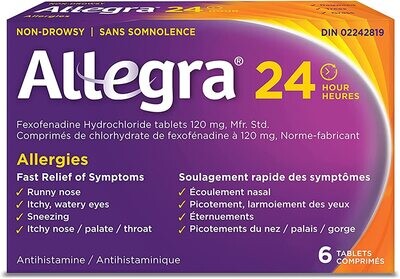 Allegra 24 Hour Allergy Medication, 120 mg, 6 Tablets, Non-Drowsy