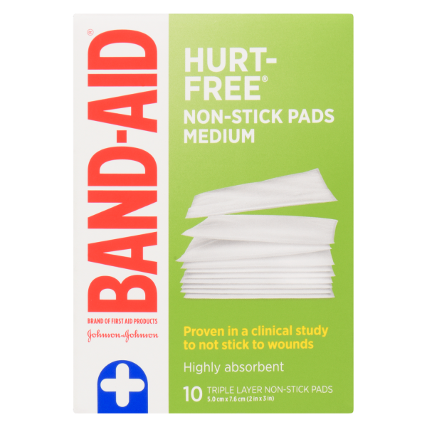 Band-Aid Hurt-Free Non-Stick Pads, Medium, 10 Triple Layer Non-Stick Pads