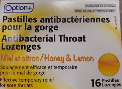 Option+ Antibacterial Throat Lozenges Regular Strength Honey & Lemon