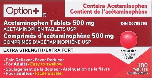 Option+ Acetaminophen Extra Strength 500mg (100) Tablets