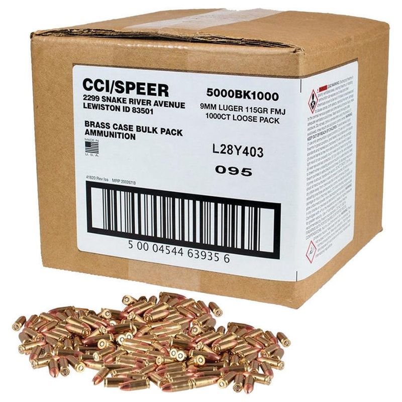 CCI Blazer Brass Handgun Ammunition 9mm Luger 115 gr FMJ 1145 fps 1000/ct Loose BULK AMMO