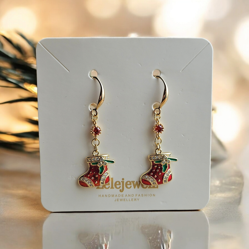 18K Christmas Red Crystal Stockings Earrings