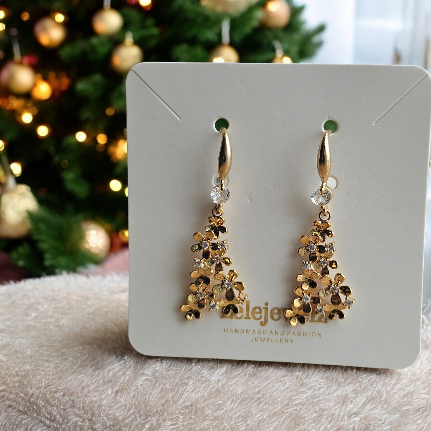 18K Gold Christmas Crystal Drop Earrings