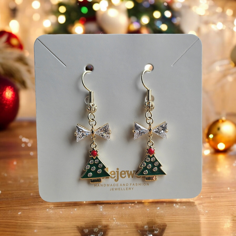 18K Gold Plated Green Christmas Tree Holly Earrings