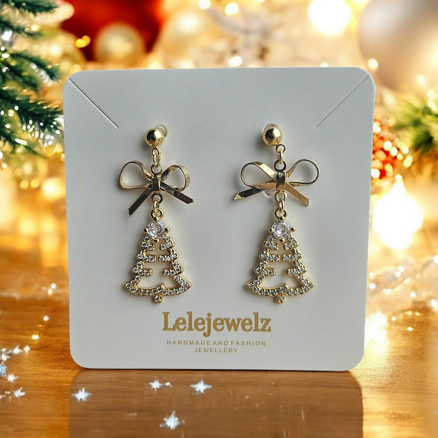 18K Gold Plated Shiny Christmas Tree Bow Earrings