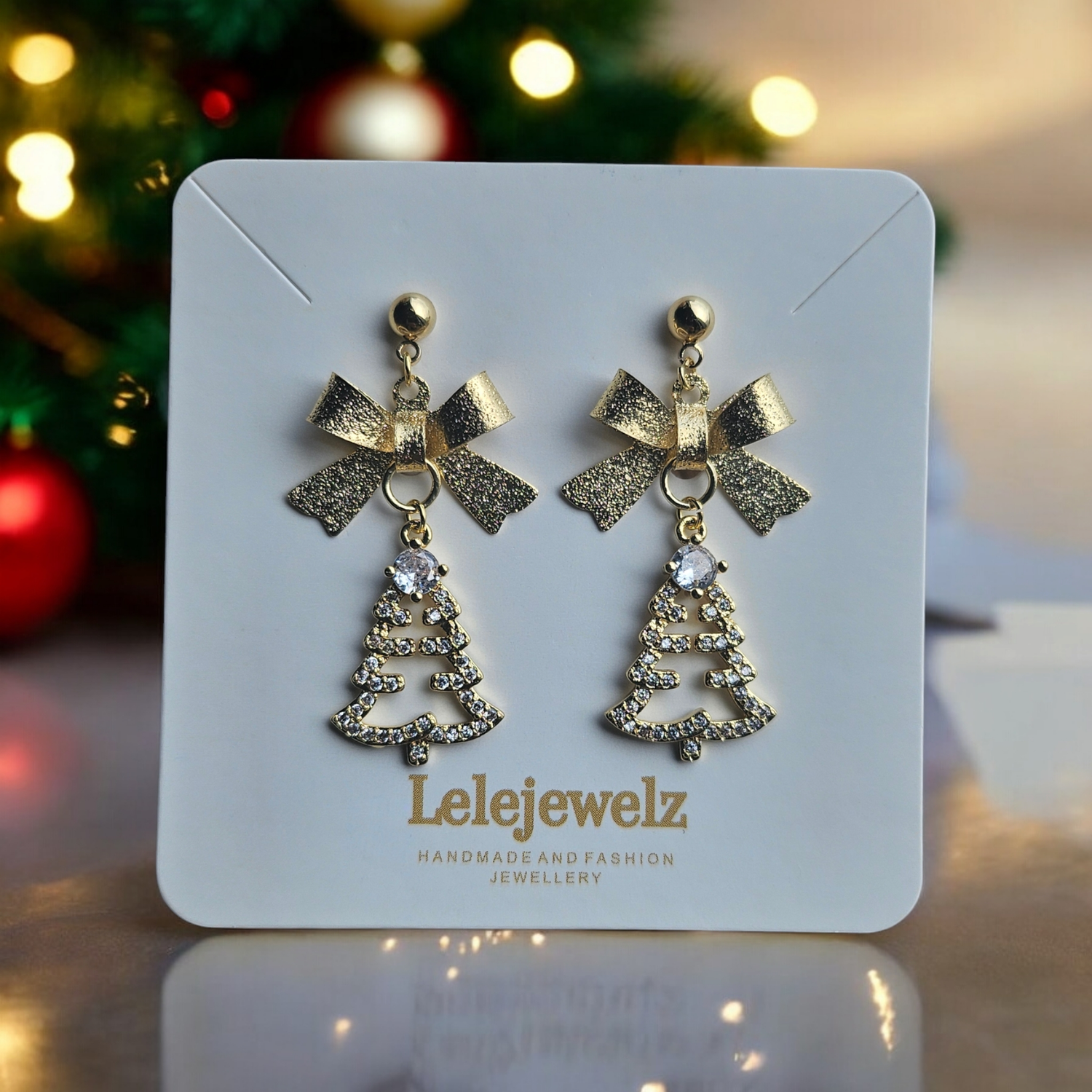 18K Shiny Bow Christmas Tree Gold Earrings