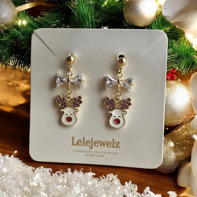 18K Gold Plated Crysral Bow Xmas Rudolf Earrings