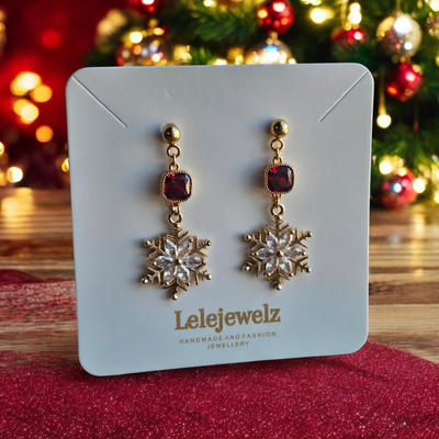18K Gold Plated Red Square Snowflake Earrings