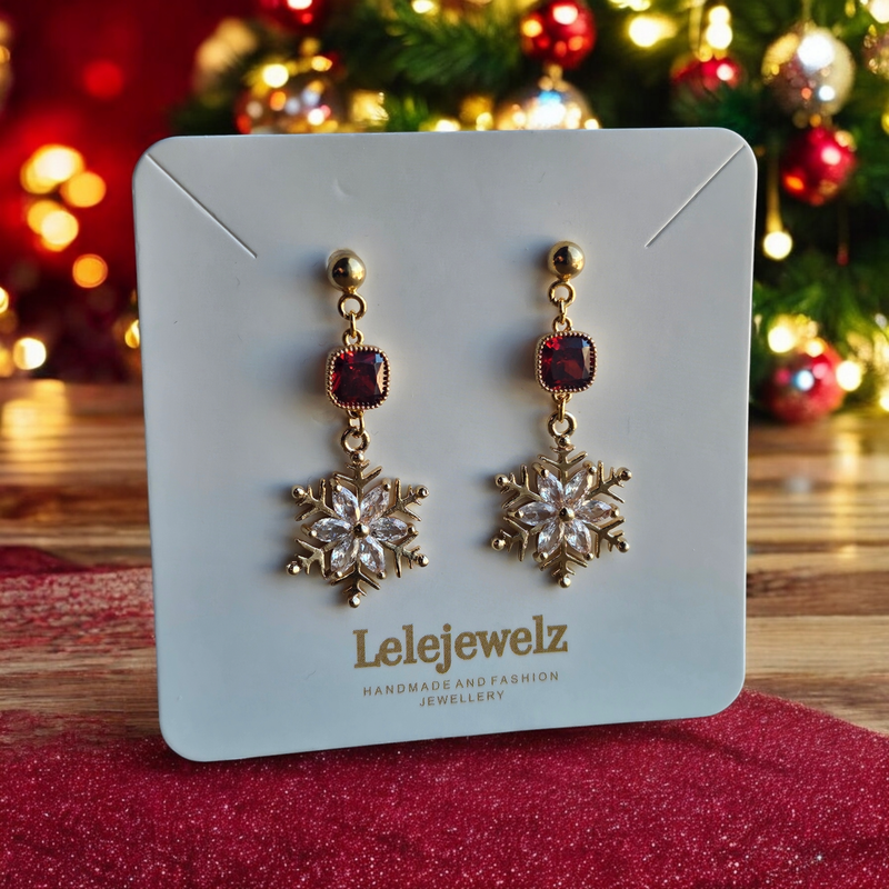 18K Gold Plated Red Square Snowflake Earrings