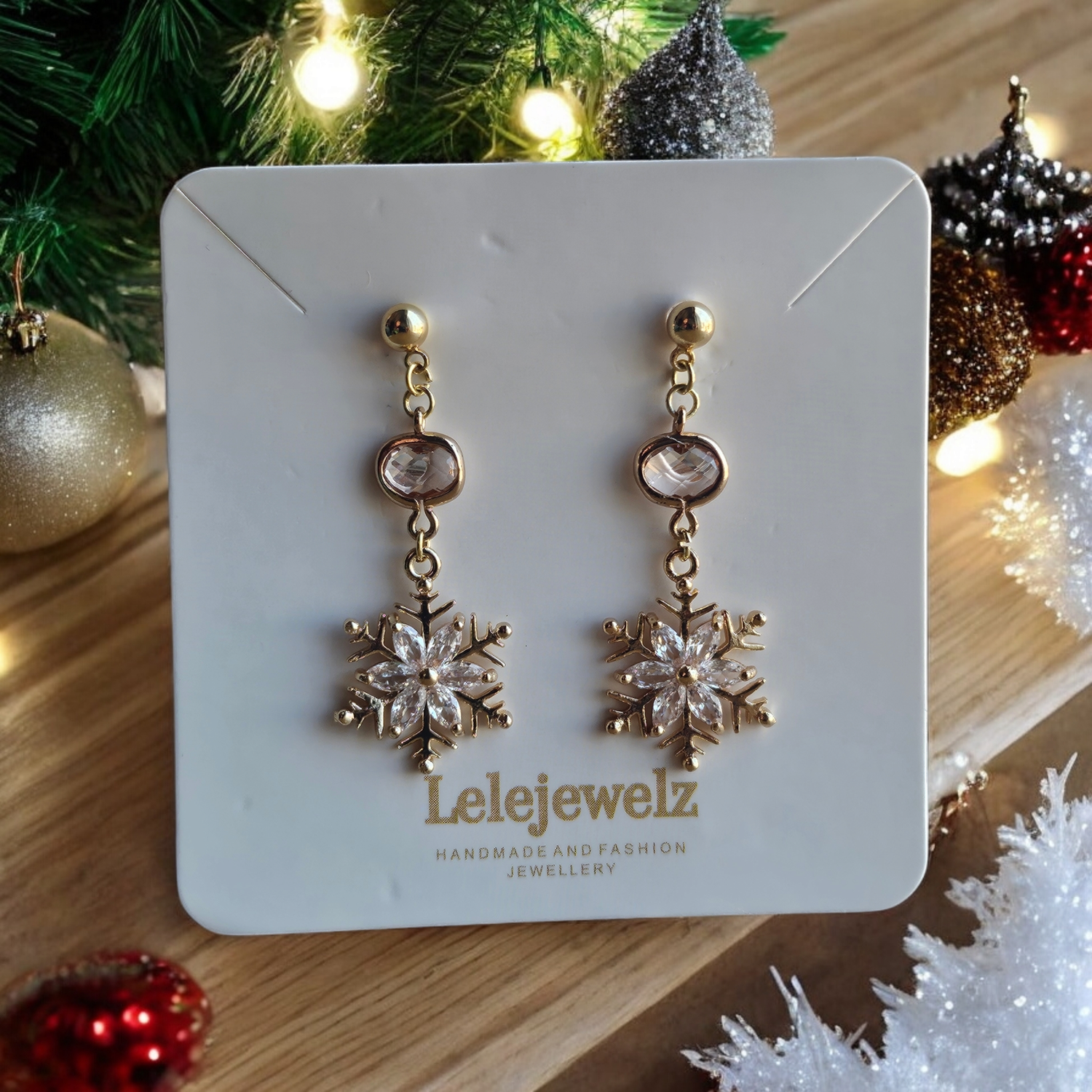 18K Gold Plated Pink Crystal Snowflake Earrings