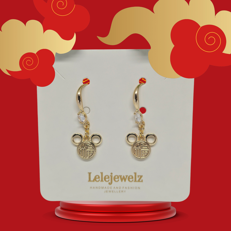 18K Gold Plated Lucky Mickey Mouse CNY earrings