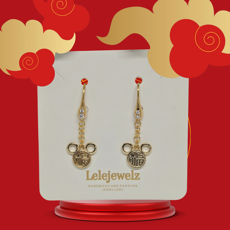 18K Gold Plated Lucky Mickey Mouse Crystal Hook earrings