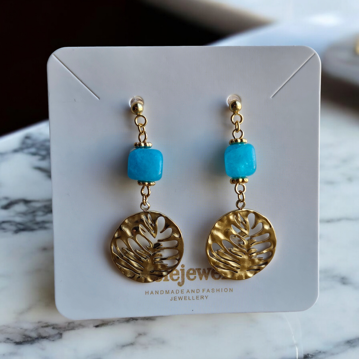 18K Gold Plated Sky Blue Cube Stone Earrings