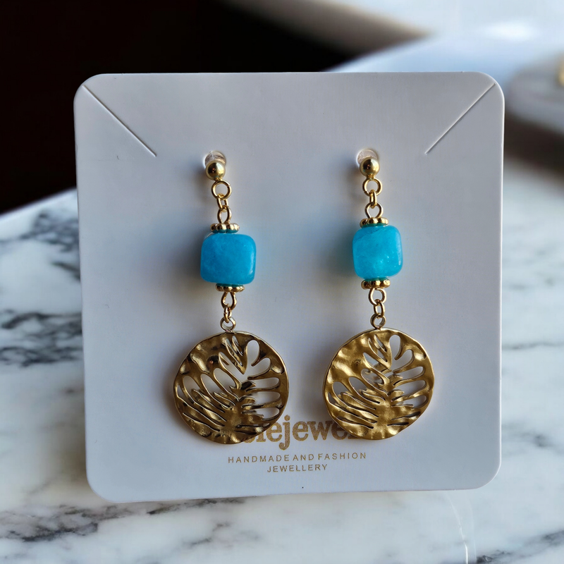 18K Gold Plated Sky Blue Cube Stone Earrings