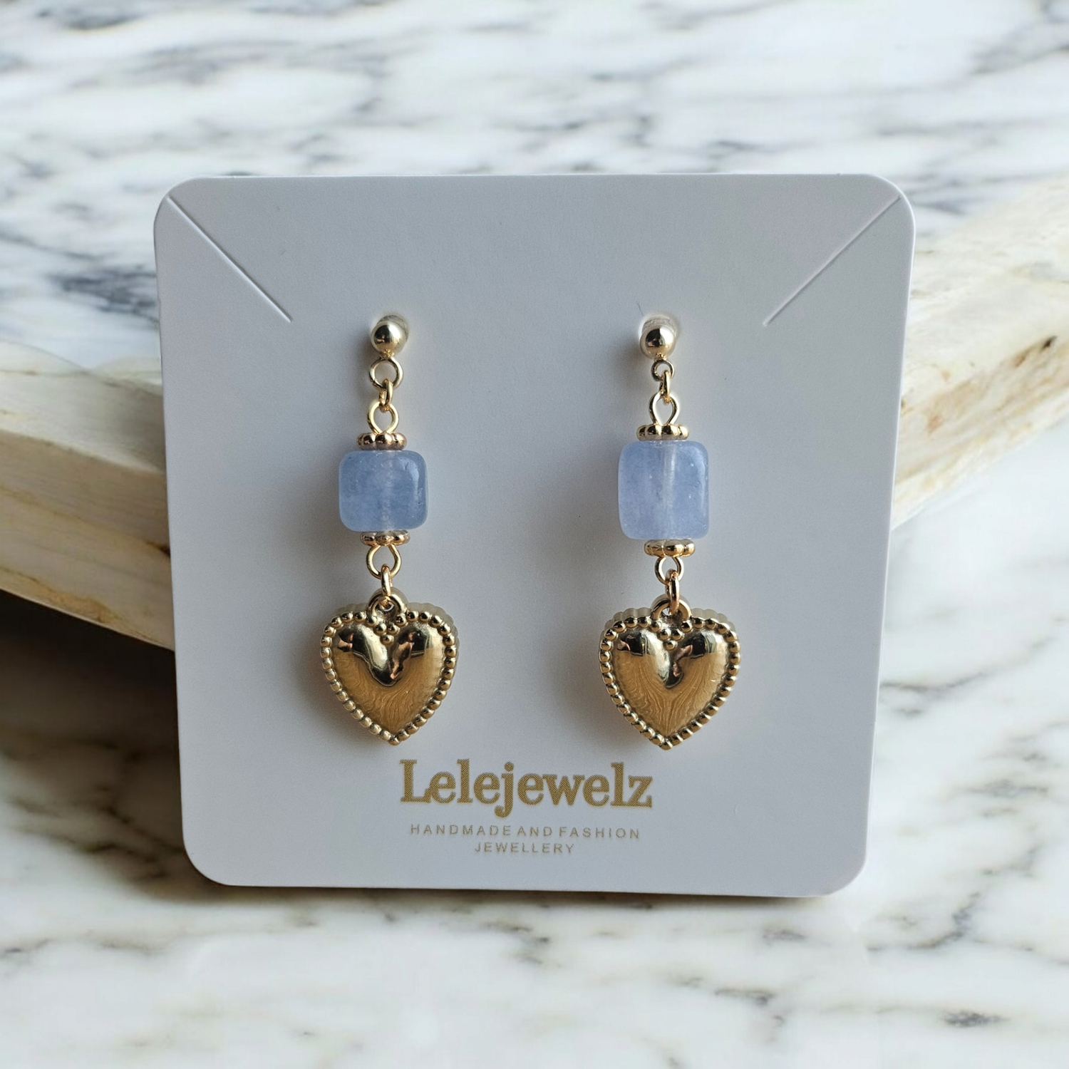 18K Gold Plated Blue Chalcedony Heart Earrings
