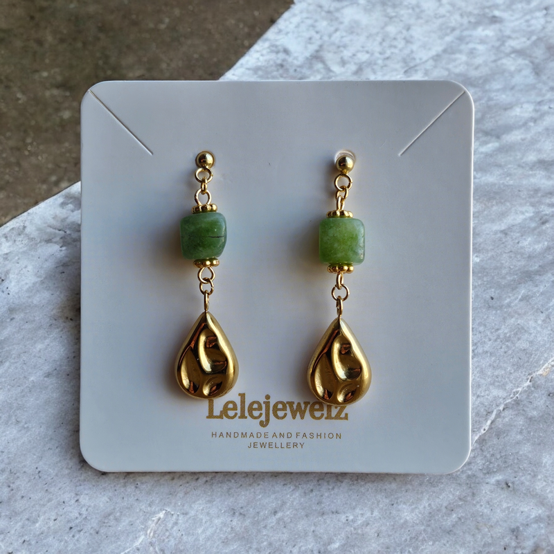18K Gold Plated Prenite Stone Raindrop Earrings