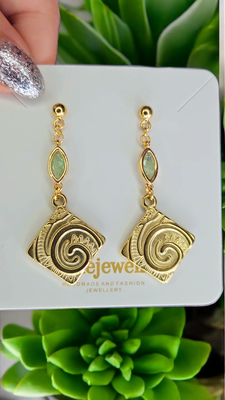 18K Gold Plated Marquise Green Stone Twirl Earrings