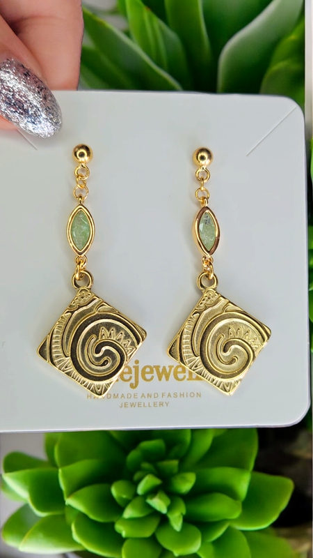 18K Gold Plated Marquise Green Stone Twirl Earrings