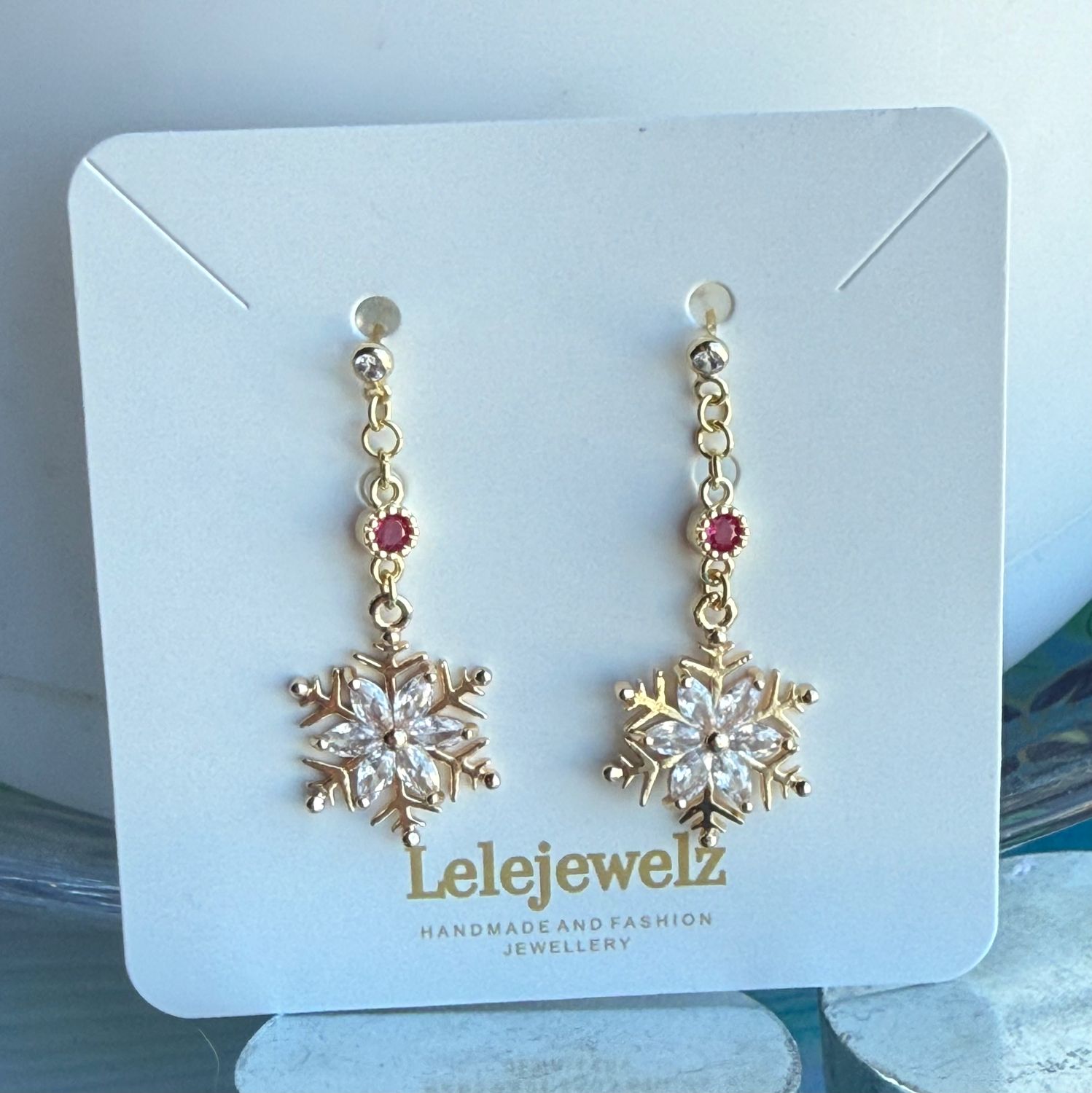 18K Red Gem Snowflake Christmas Earrings