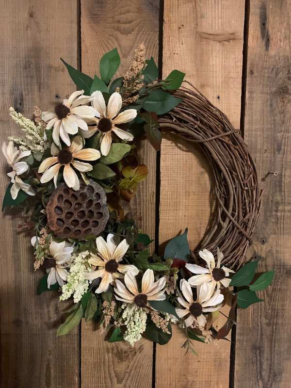 Autumn wreath daisies and lotus