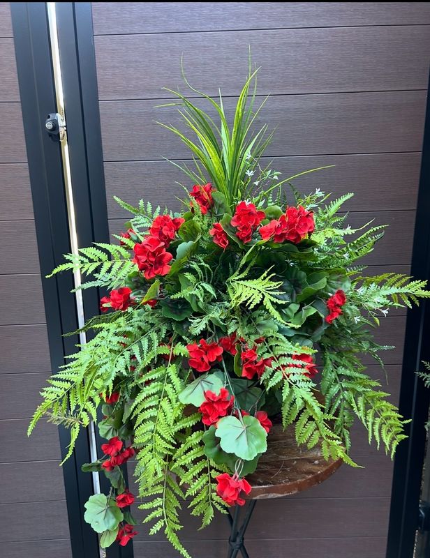 Jardinière pot extérieur géraniums rouges 