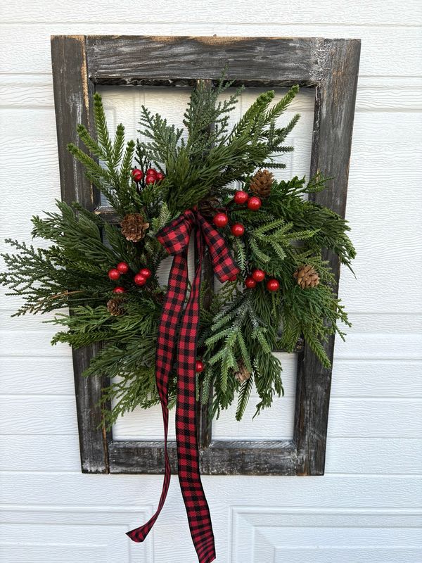 	🎄 Couronne de Noël rustique sur fenêtre en bois vieilli – 21x12 pouces