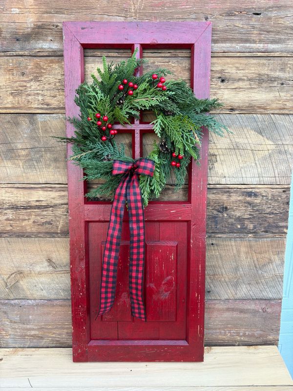 Porte décorative rouge avec couronne de Noël – 36 x 14,5 pouce