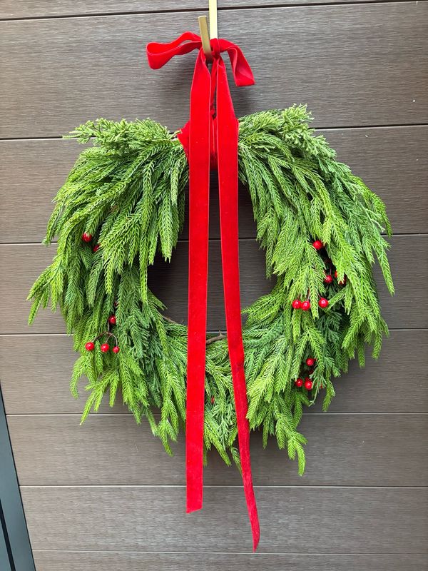 Couronne de pin Norfolk ruban rouge 