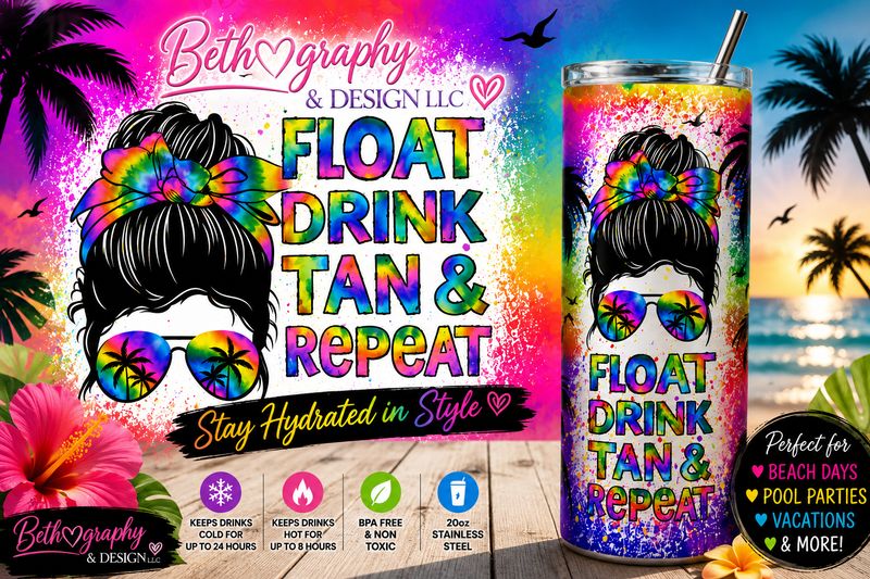 Float. Drink. Tan. Repeat. | 20oz Stainless Steel Tumbler