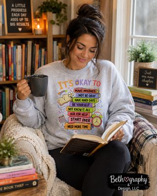 It's Okay To... Positive Affirmation Book Stack Graphic Apparel | Teacher, Mental Health &amp; Book Lover Shirt