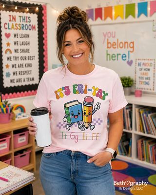 It's Fri-Yay Teacher Shirt | Cute Book &amp; Pencil Friday Design