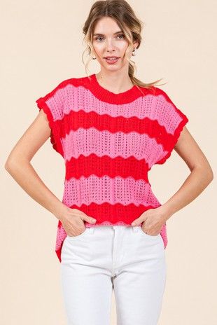 Red &amp; Pink Crochet Stripe Top