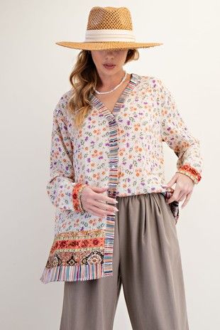 Oversized Mixed Print Button Up Top